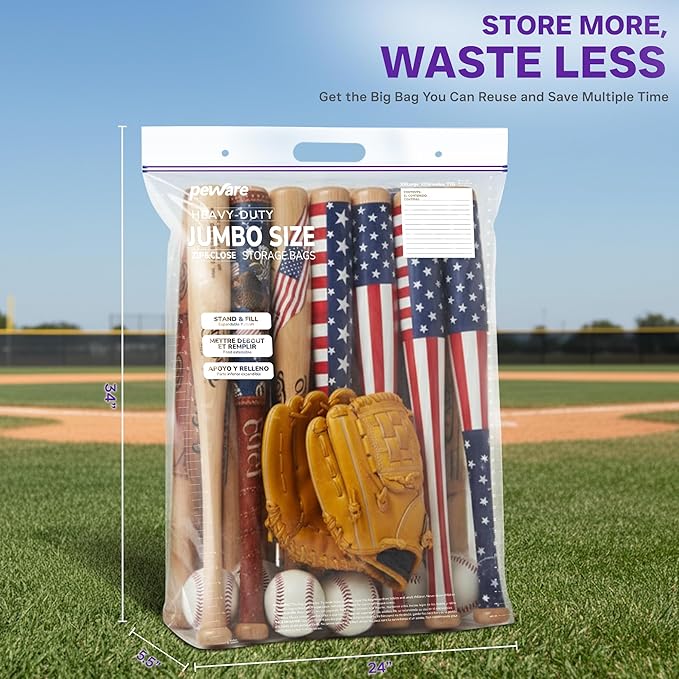 20 Gallon Heavy Duty Jumbo Storage Bags with Handle – 24" x 34" Resealable Zipper Top, Oversized Storage Solution for Clothes, Food, Pillow, Bedding, Household, BPA-Free, Pack of 5, 6 Mil Thick