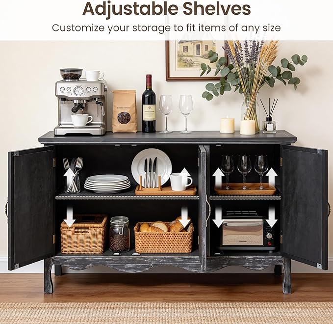RoyalCraft Buffet Cabinet with Storage, Vintage Solid Wood Sideboard with 3 Carved Doors, Painted Coffee Bar Console Table for Dining Room, Living Room, Kitchen, Distressed Black