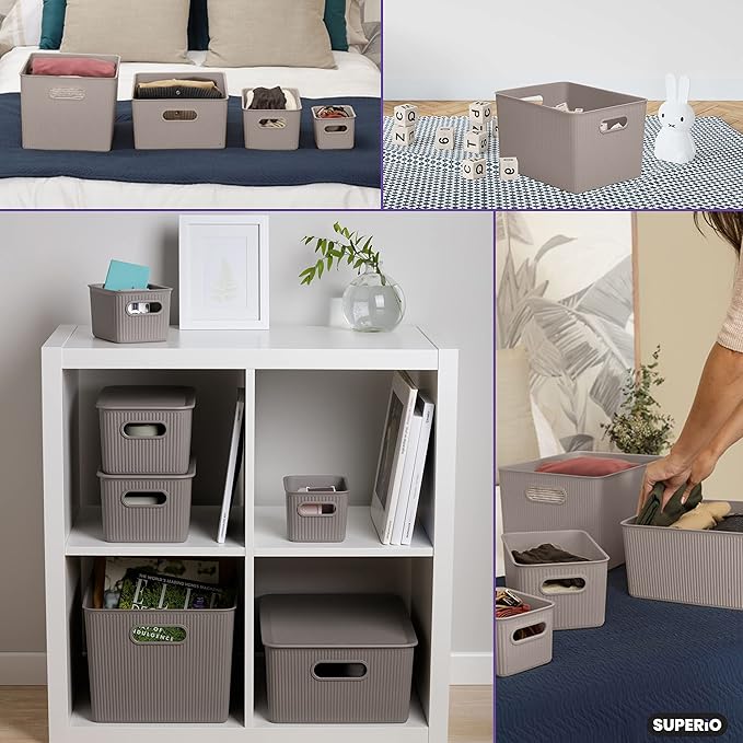 Superio Ribbed Collection - Decorative Plastic Basket Open Home Storage Bins Organizer, X-Large Taupe (6 Pack) Container Boxes for Organizing Closet Storage Bins for Shelves 22 Liter/23 Quart
