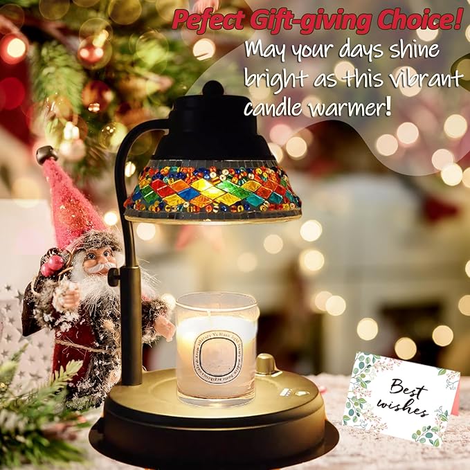 Electric Candle Warmer Lamp with Colorful Diamond Lampshade, Stained Glass Wax Melting Lamp with Timer and Dimmer, Adjustable Candle Warmer Light Home Decor (Black)