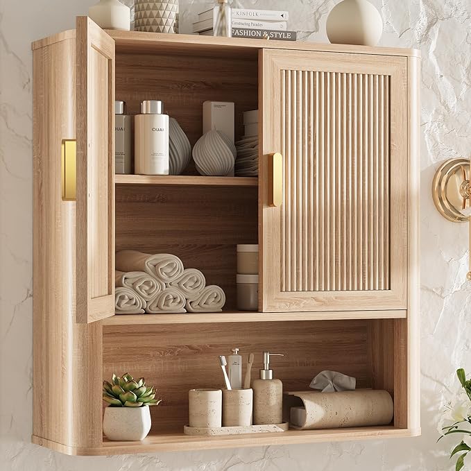 INNOD Bathroom Wall Storage Cabinet, Medicine Cabinet with Adjustable Wood Shelf & Doors, Over the Toilet Storage Cabinet for Laundry Room & Living Room Kitchen Storage Islands (Natural Oak)