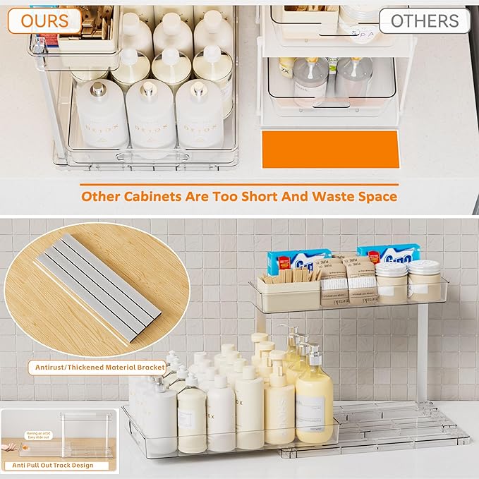 Yieach 2 Pack Under the Sink Organizer for Under Bathroom Sink,14.5″ Deep Sliding Inder Sink Organizer for Kitchen Cupboard,2 Tier Undersink Organizers for Vanity,Under Counter Storage Organization