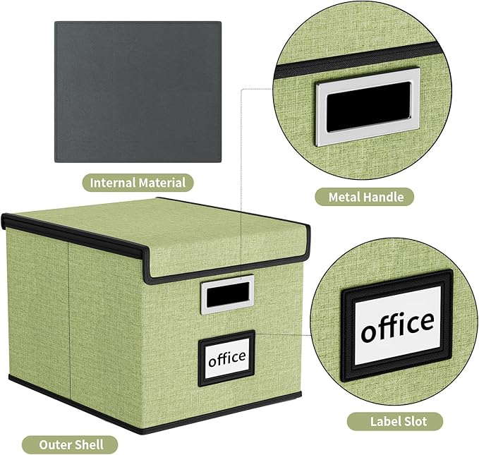 Huolewa File Organizer Box with Lid, Collapsible File Folder Organizer for Office Document Storage, Filing Box with Plastic Slide for Letter Size Hanging File Folders(1 Pack, Green)