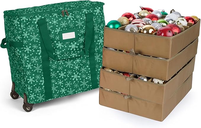 Covermates Keepsakes Rolling Adjustable Ornament Storage Bag – Heavy-Duty Polyester, FlexGrid Trays & Padded Dividers – Protective Holiday Organizer with Wheels, Handles & ID Window, Green Snowflake