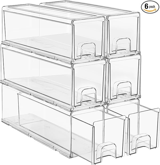 Sorbus Small Clear Stackable Storage Drawers – 6 -Pack Plastic Organizer Bins with Handles – Stackable Pull-Out Storage Drawers for Closet, Pantry, Office, Bathroom, Craft, and Toy Organization