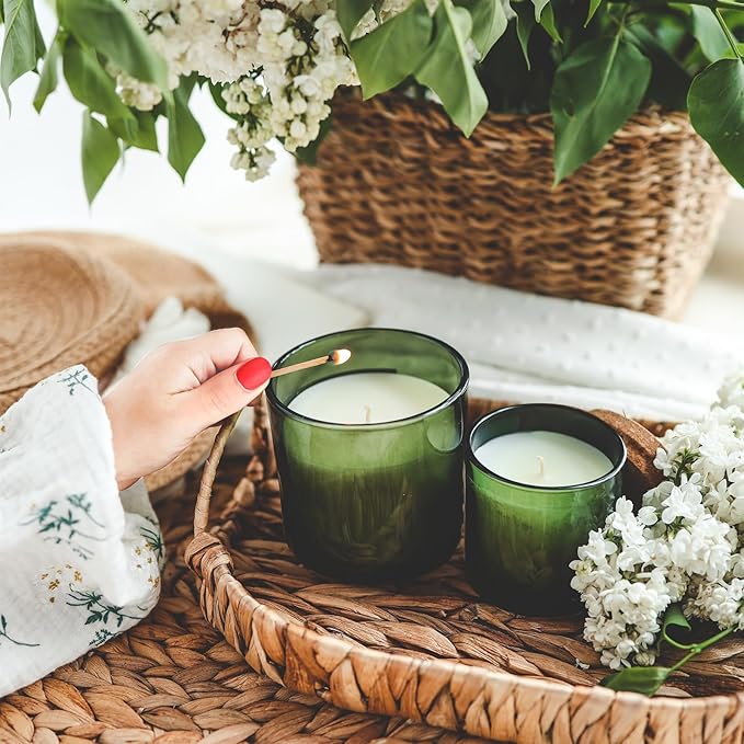 SHOWIN Thick Candle Jars for Making Candles 12 Pcs, 7 OZ Empty Jars with Wood Lids for Candle Making, Sample Container, Clear Green