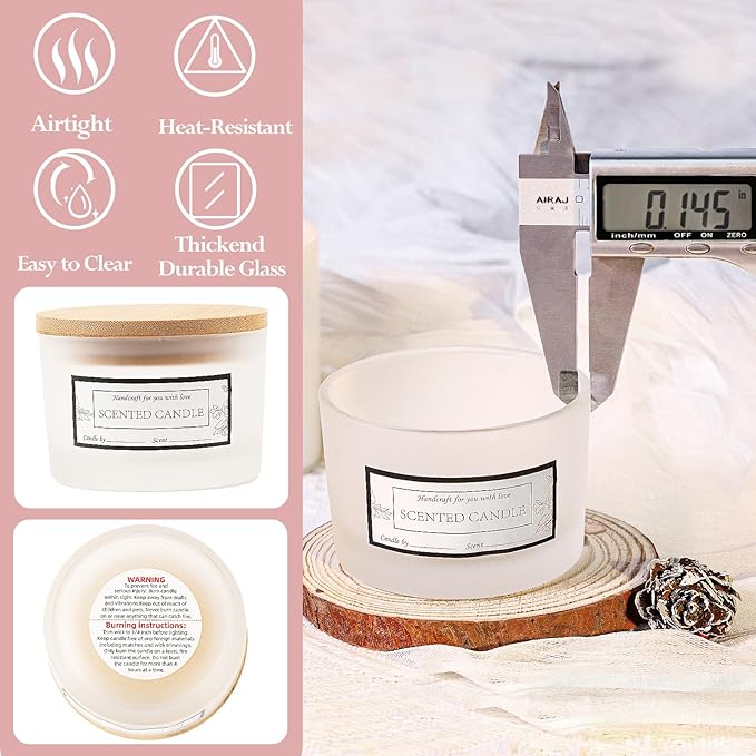 CONNOO 15 Pack 4 OZ Frosted Glass Candle Jars with Airtight Bamboo Lids for Making Candles, Bulk Small Wide Mouth Empty Candle Containers with Sticky Warning Labels - Dishwasher Safe