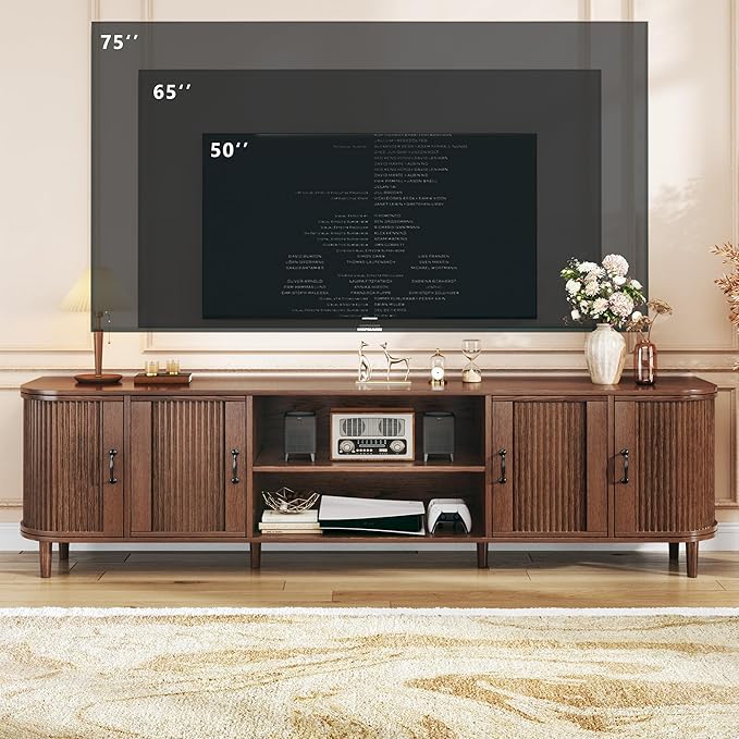HUAHUU TV Stand for 75 inch TV, Mid Century Modern Entertainment Center for 55/60/65/75 inch TV, with Fluted Door Cabinets & Open Shelves, TV Consoles for Living Room, Walnut