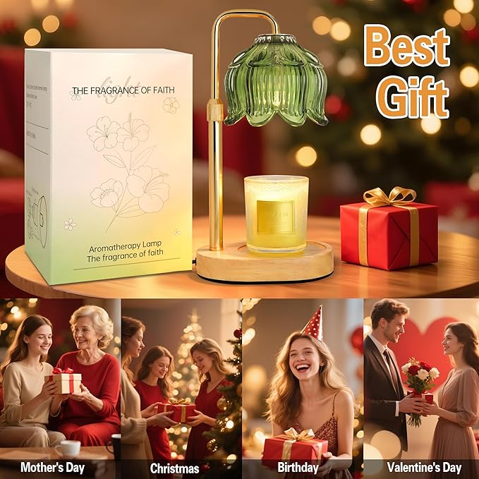 Candle Warmer Lamp with Timer Dimmer, Adjustable Height Candle Wax Warmer, Christmas Birthday Gift for Mom Women, House Warming Gifts for New Home Bedroom Decor, (Lotus Flower-Green)