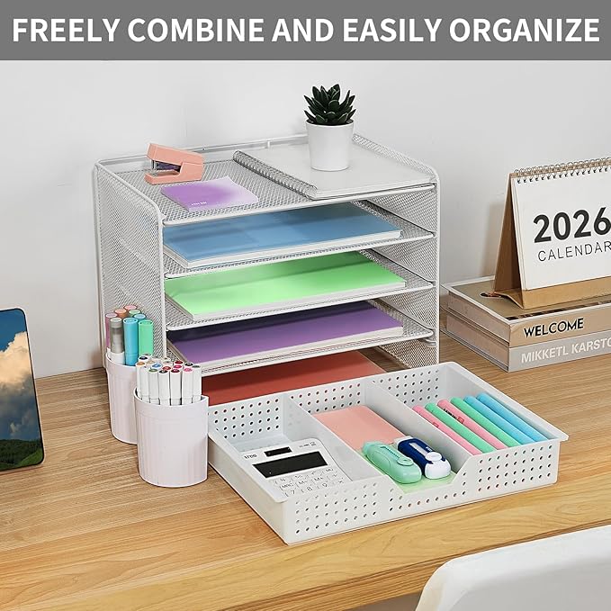 LEKETREE Desk Organizer and Accessories, 5-Tier Paper Letter Tray Organizer with Drawer & 2 Pen Holders for Desktop File Organization, Office Desk Accessories for Supplies Storage (White)