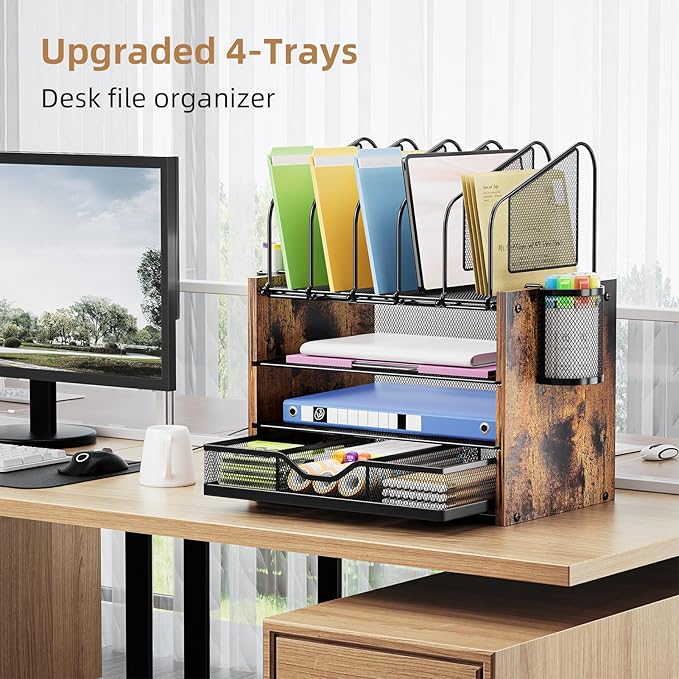 Marbrasse Desk Organizer with Drawer, 4-Tier Wooden File Organizer with 5 Vertical File Holders and 2 Pen Holders, Desk Organizers and Accessories for Home Office - Dark Brown