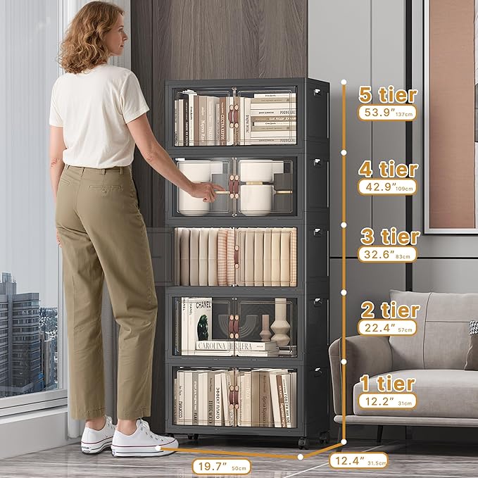 Stackable Storage Bins with Lids 240QT-48QT*5Pack Folding Storage box with Doors and Wheels, Collapsible Plastic Bins Stackable Organizer and Containers for Home, Garage, Office