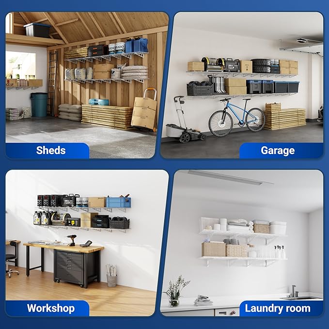 FLEXIMOUNTS 2-Pack 2x6ft Garage Shelving 24-inch-by-72-inch Heavy Duty Wall Mounted Shelves Garage Storage Rack Floating Shelves, 1400lbs Load Capacity, White, Classic Series