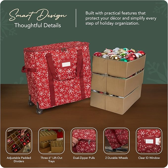 Covermates Keepsakes Rolling Adjustable Ornament Storage Bag – Heavy-Duty Polyester, FlexGrid Trays & Padded Dividers – Protective Holiday Organizer with Wheels, Handles & ID Window, Red Snowflake