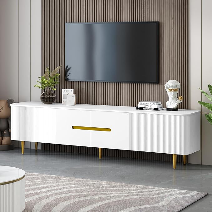 Amposei Modern TV Stand Cabinet for up to 85-Inches TVs, Media Entertainment Center Console Table with Storage for Living Room, Metal Legs, 78.7-Inch, White