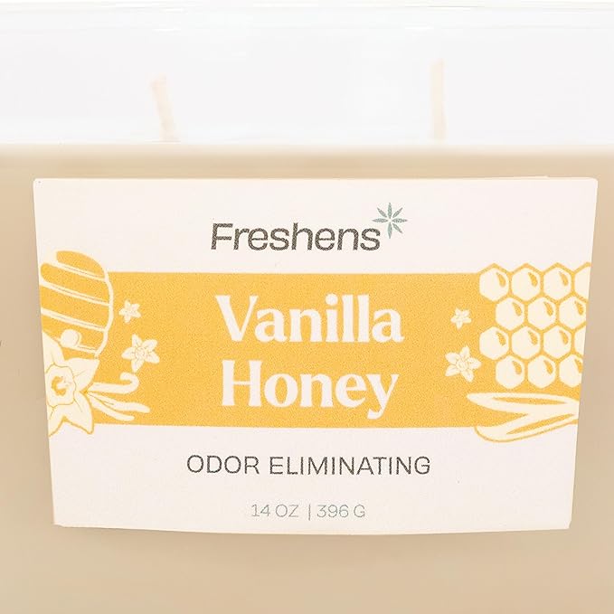Carolina Freshens Vanilla Honey Odor Eliminating Highly Fragranced Candle for Home Scented, Eliminates 90% of Pet, Smoke, Food and Other Smells Quickly, 2 Wick, 14 oz - Made in The USA