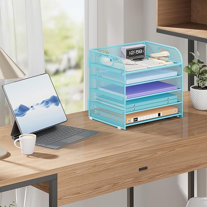Cawukege 5 Tier Paper Organizer with Handle, Blue Metal Mesh Desk Organizer File Folder Paper Letter Tray Desktop Document Sorter for Classroom, School, Office Accessories Organization and Storage