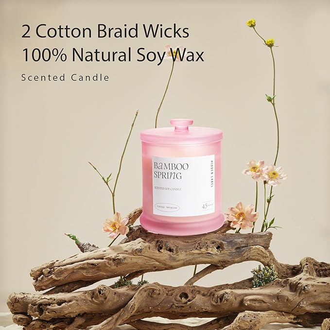 Spring Bamboo Scented Candle, 13oz Natural Soy Wax, 2 Wick Large Candles for Home Scented, 75Hour Long Lasting Slow Burning | Aromatherapy Candle for Home Decor, Stress Relief & Relaxation