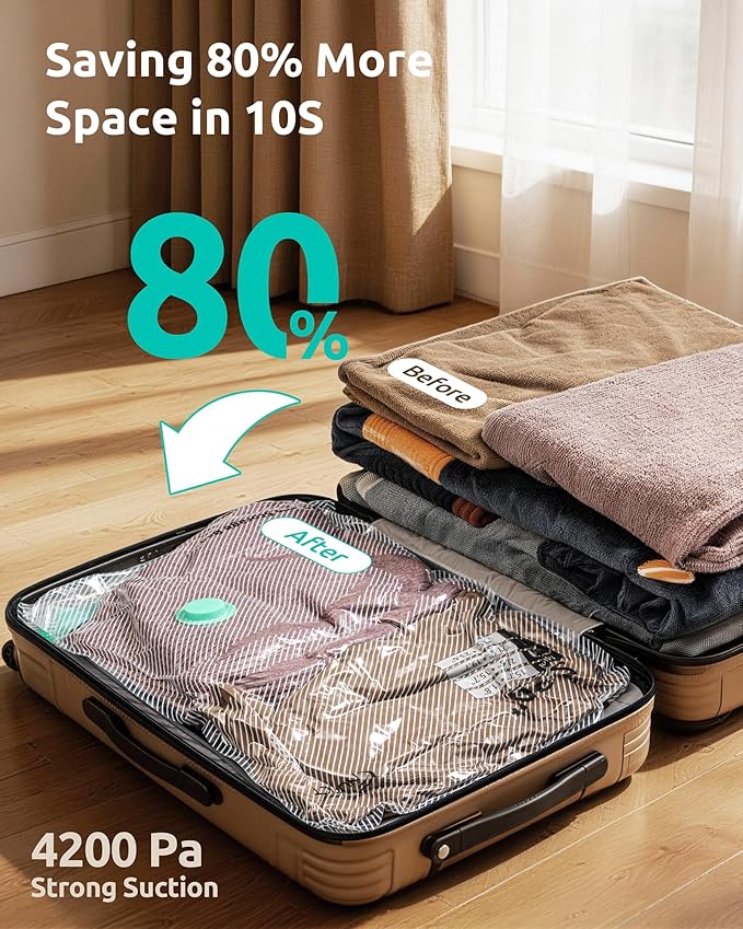 NUTICT 8-Pack Vacuum Seal Storage Bags for Travel, Rechargeable Wireless Air Pump, 4-Size Compression Space Saver for Luggage and Suitcase, Long-Term Reusable Bag for Clothes, Cruise Ship Vacation