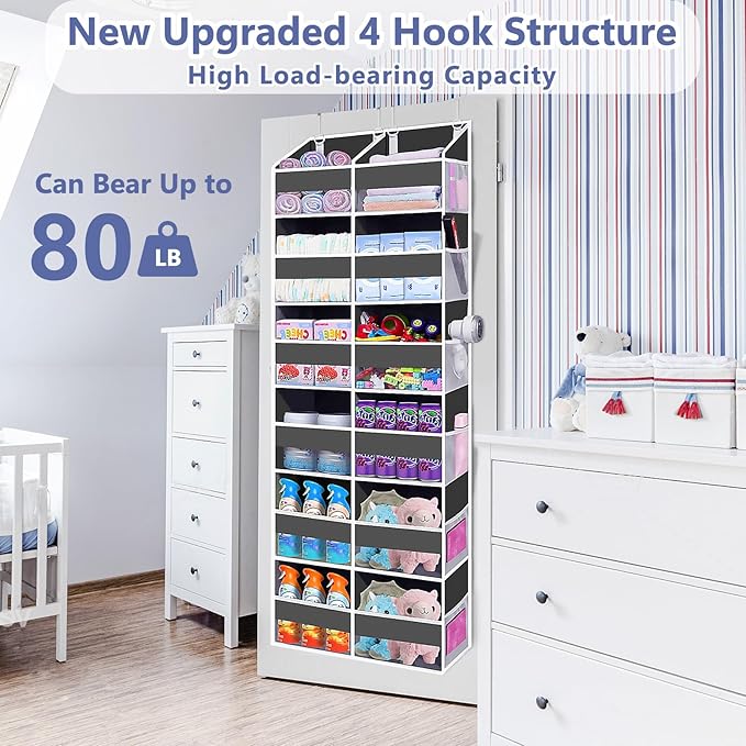 Heavy Duty Over The Door Organizer 6 Tiers, Extra Large Behind Door Storage of 12 Big Front & 12 Mesh Pockets, 80lb Weight Capacity, Hanging Doors Storage for Closet Bedroom Nursery, Gray