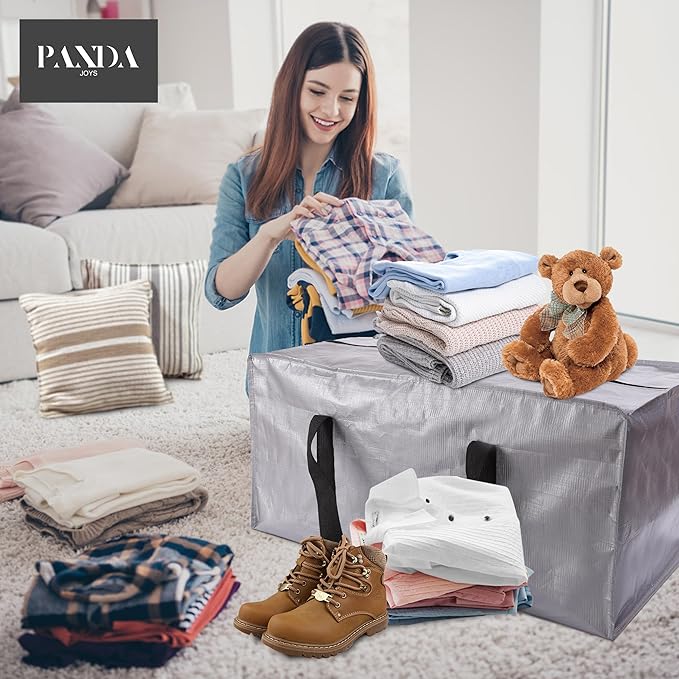 PANDA JOYS Extra Large Moving Bags with Zippers & Carrying Handles, Heavy-Duty Storage Tote for Space Saving Moving Storage, Fold Flat, Alternative to Box and Bin - 8 Pack, Silver