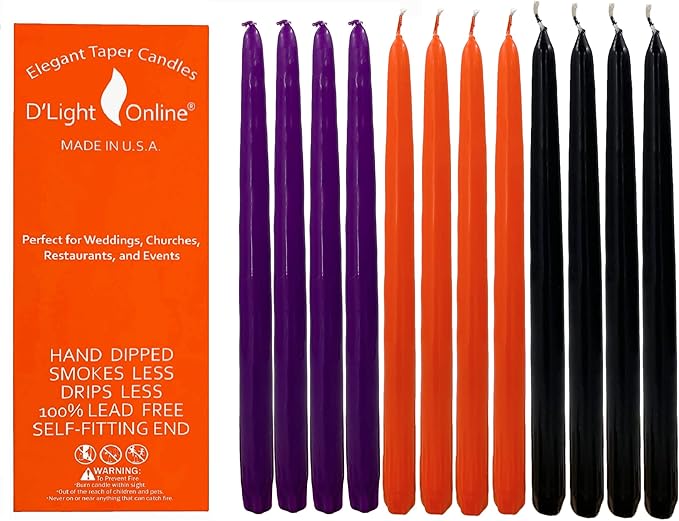 D'light Online Elegant 10" Unscented Holiday Taper Candles for Halloween - Premium Quality Candles Hand-Dipped Tapered Candles, Dripless and Smokeless - Set of 12 (10 Inch, Spooky)