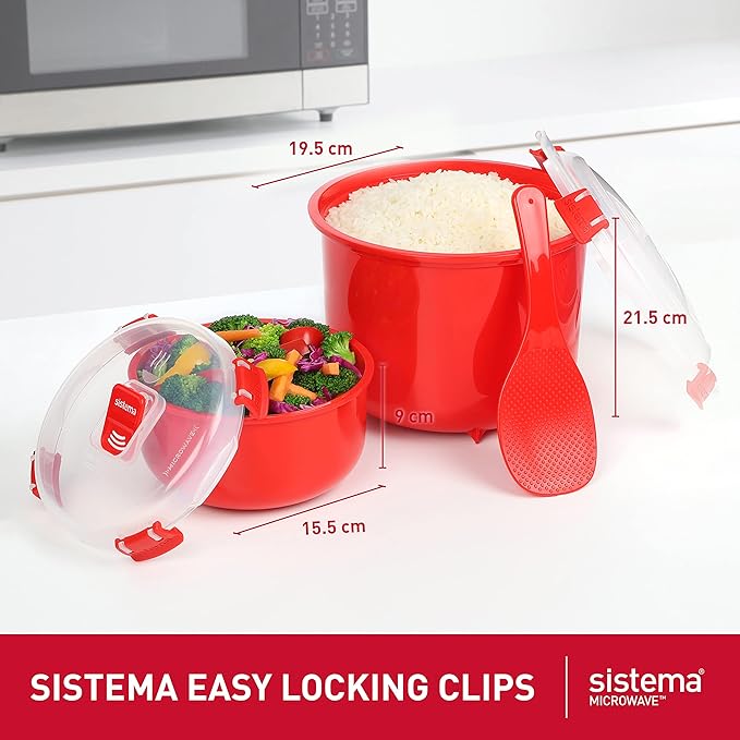 Sistema Microwave Rice Cooker & Round Microwave Food Container Set | 2.6L, 915ml | Food Containers with Steam-Release Vents | BPA-Free | 2 Count