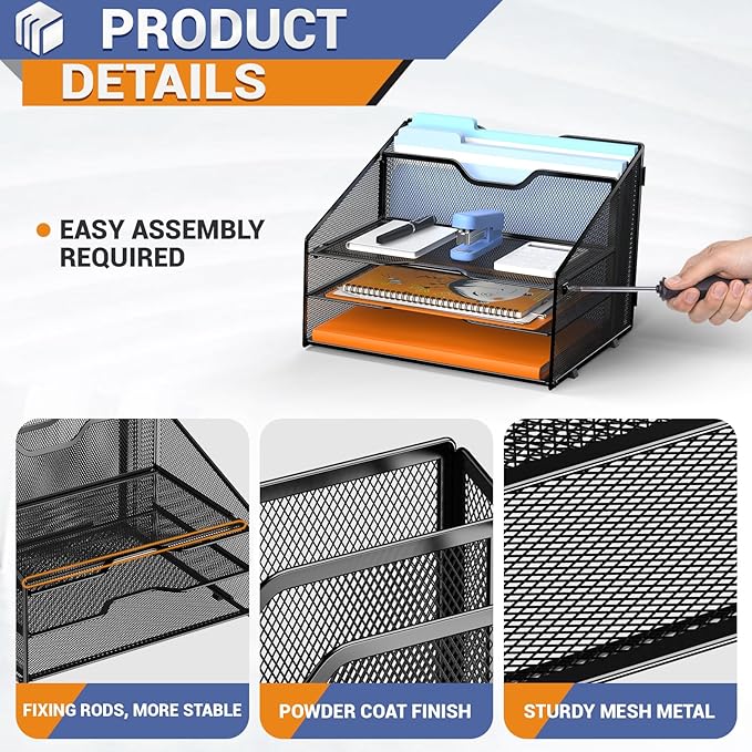 GAWERK Letter Tray Organizer, Mesh Desk File Organizer with 3 Paper Trays and 2 Vertical Upright Section (Pink)