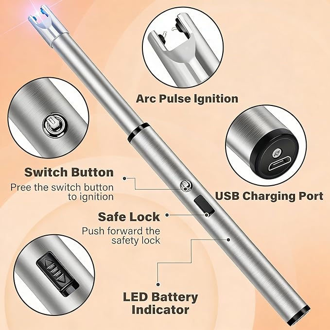 Navpeak Electric Candle Lighter Windproof USB Rechargeable Flameless Long Neck Lighter for Candles Gas Stove Fireplace BBQ Kitchen Grills (Stainless Steel)