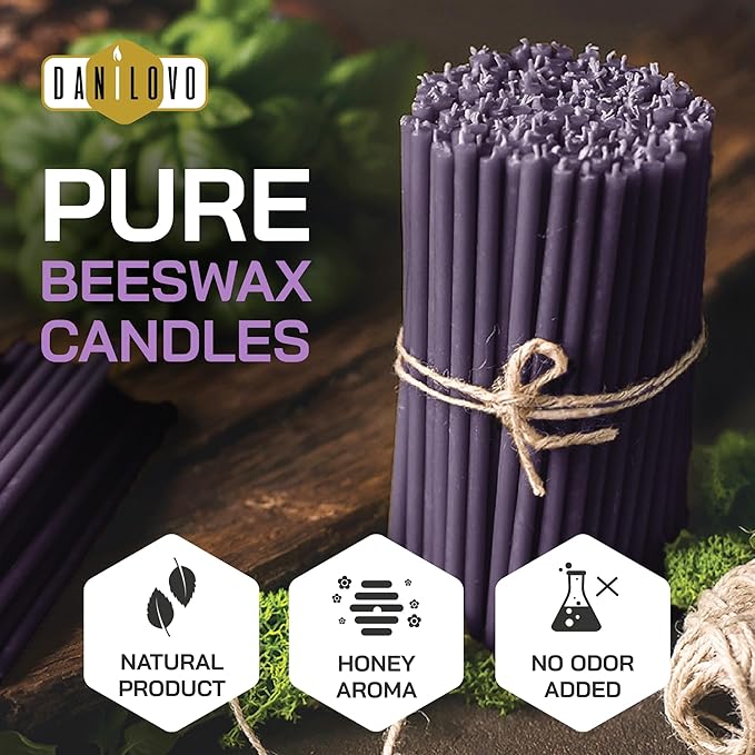 Danilovo Thin Taper Beeswax Candles - Honey-Scented, Decorative Candles Ideal for Birthday Decoration or Church Prayers - Purple Drip Free, Tall & Smokeless Pack of 50 pcs, 7.3 x 0.24 inch