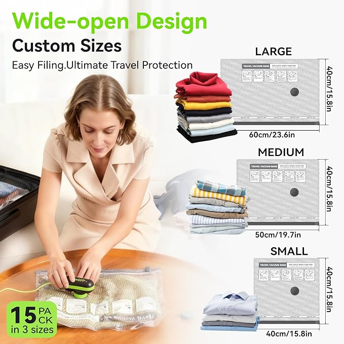 Vacuum Bags for Travel with USB & TYPE C Pump, Vacuum Seal Travel Bags, 15 Pack Carry-On Vacuum Storage Bags for Luggage & Suitcase, Space Saver for Clothes & Travel(Green)