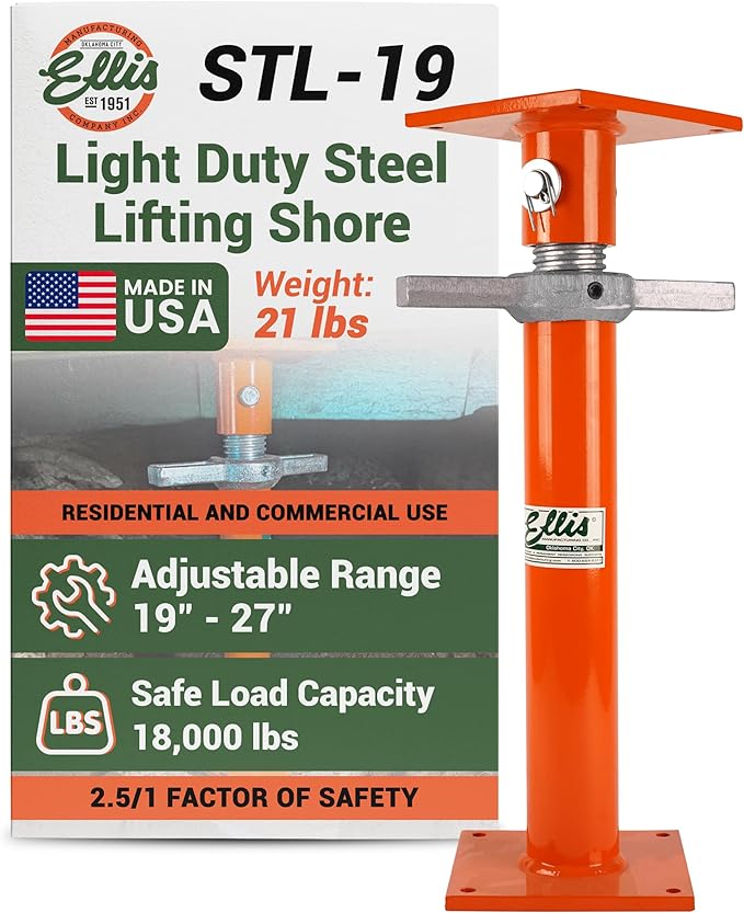 Ellis Manufacturing Light-Duty Steel Construction Jack - Adjustable Screw Jack Post for Floor Leveling, Beams, and Concrete - 18,000 lb Load Capacity - 19"-27" Adjustment, House Jacks for Leveling