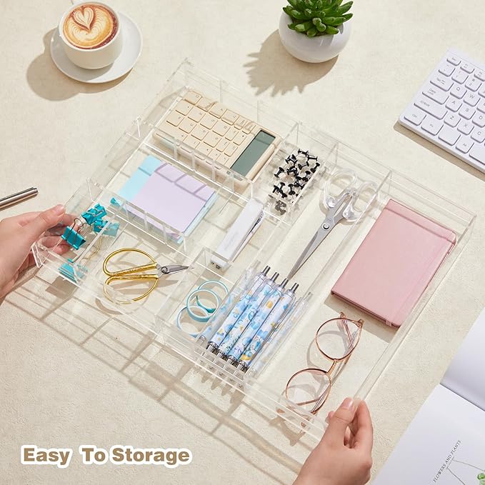 Briwooody Acrylic Drawer Organizer Clear Desk Drawer Organizer Trays with Adjustable Compartments Desk Accessories for Office Stationery Makeup Silverware Bathroom(Expandable)