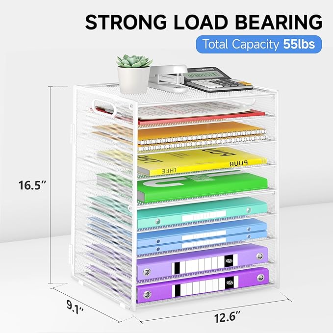Cawukege 9 Tier Paper Organizer with Handle, White Large Capacity Desk Organizer Mesh File Folder Letter Paper Tray Desktop Document Sorter for Classroom, School, and Office Accessories Organization