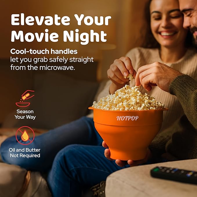 The Original Hotpop Microwave Popcorn Popper, Silicone Popcorn Maker, Collapsible Bowl BPA-Free and Dishwasher Safe- 20 Colors Available (Orange) (Pack of 2)