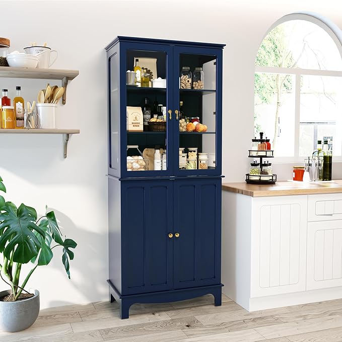 72" Tall Kitchen Pantry Cabinet with Glass Door and Adjustable Shelves, Vintage Food Storage Cabinet for Kitchen, Dining Room, Living Room, Dark Blue