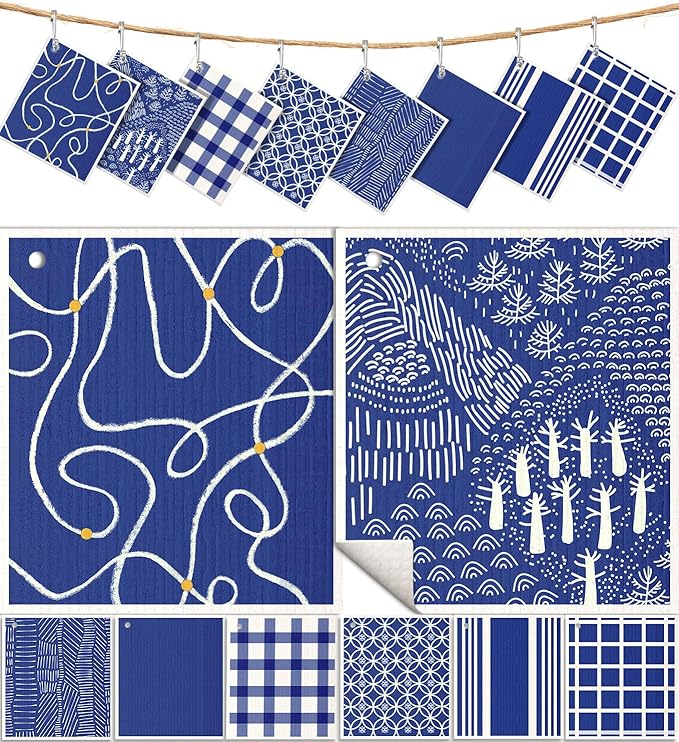 Miss Adola 8 Pack Reusable Kitchen Swedish Dishcloths for Washing Dishes Cloths Absorbent Fast Drying Cleaning Sponge Cute Decorate Washable Swedish Towels, Blue Line