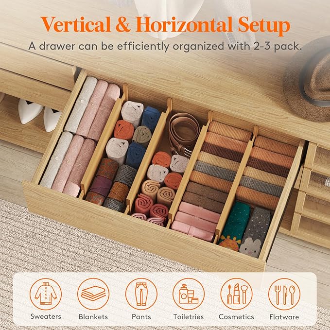 Lifewit 5" High 8 Pack Bamboo Drawer Dividers 45-55cm/17.5-22" Adjustable Wooden Drawer Organizer for Clothes/Utensils, Expandable Drawer Separator for Dresser/Kitchen/Bedroom/Office Organization