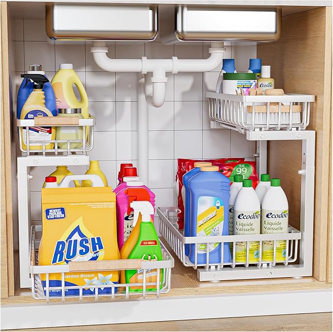 Under Sink Organizer,2 Pack Under Kitchen Sink Organizer,2 Tier Sliding-Out,5 Level Height Adjustable,Thickened Carbon Steel,Anti-Rust Treatment,for Kitchen Bathroom Black