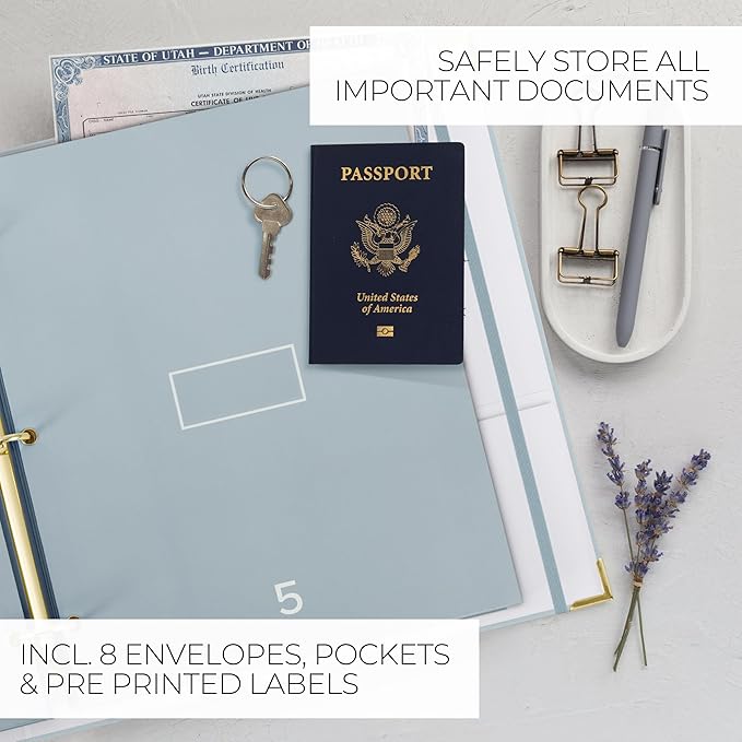 Sturdy Document Organizer Set with Folders - Beautiful Linen 3-Ring Binder Safely Stores All Important Documents & Files in One Place - Easy to Use Expanding Storage Incl. Envelopes, Pockets & Labels
