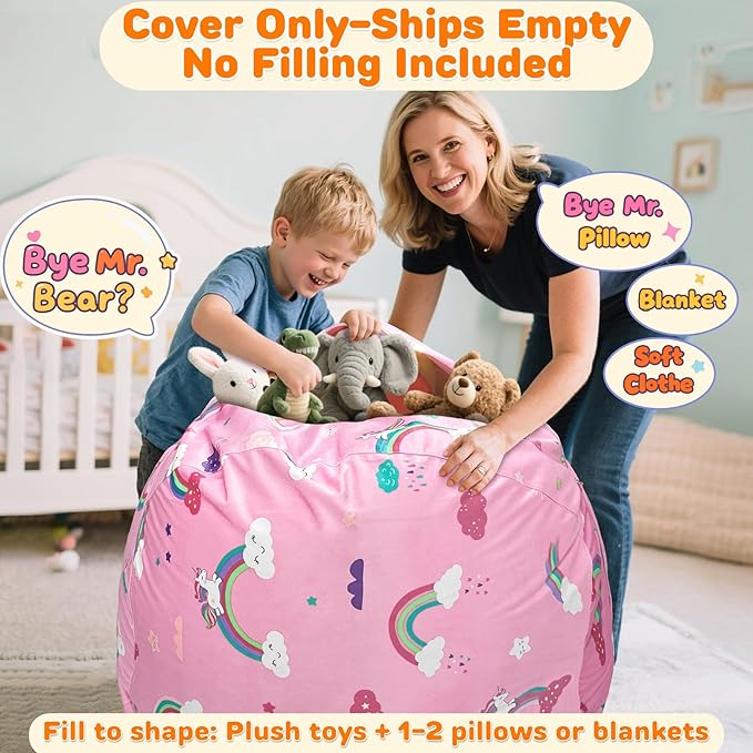 Lukeight Unicorns Stuffed Animals Storage Bean Bag Chair Cover Only (Ships Empty, No Filling) - Velvet YKK Zipper Beanbag Cover for Big Kids Teens, Washable Plush Toy Organizer, XX-Large 36" D x 20" H