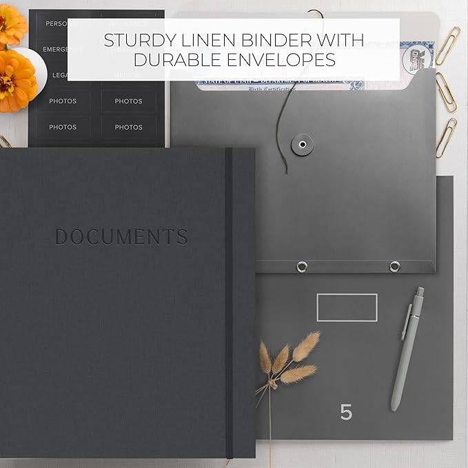 Sturdy Document Organizer Set with Folders - Beautiful Linen 3-Ring Binder Safely Stores All Important Documents & Files in One Place - Easy to Use Expanding Storage Incl. Envelopes, Pockets & Labels