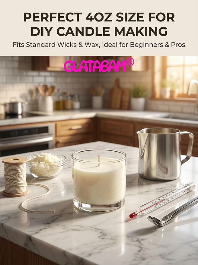 GLATABAM 4 OZ Candle Jars 12 Pack - Bulk Glass Candle Making Jars with Bamboo Lids & Labels, Heat Resistant Empty Reusable Candle Vessel for Containers(Clear)