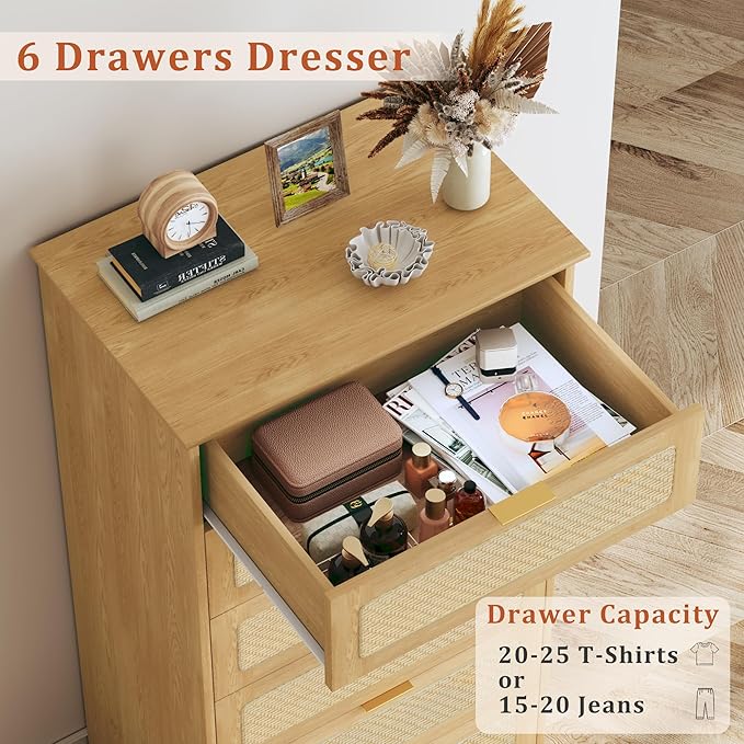 HUAHUU 6 Drawer Dresser for Bedroom, 50 Inch Tall Dressers & Rattan Chest of Drawers, Boho Style, Wood Modern Dressers Organizer for Bedroom, Living Room, Hallway, Entryway, Oak
