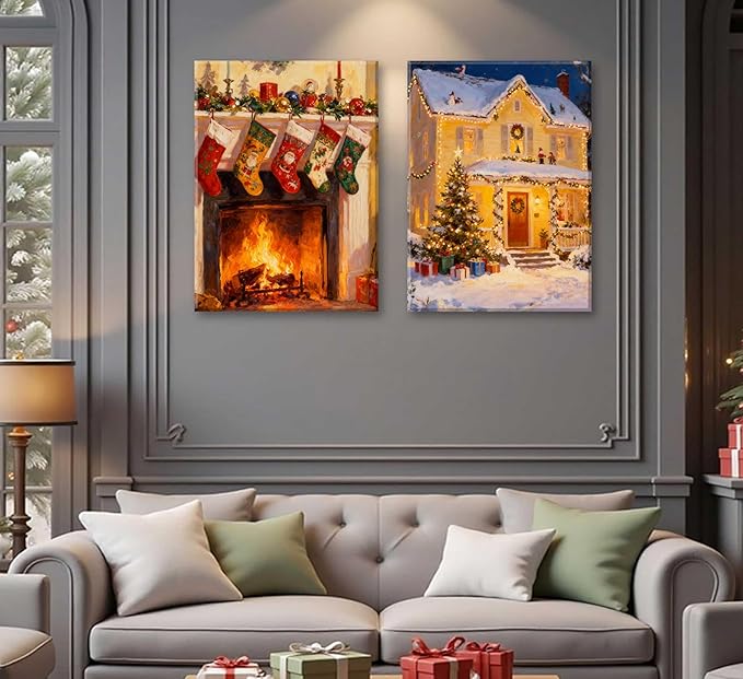 Paint by Number Kit for Adults & Kids, 2 Pack Christmas Scenes 16x20 Inch Unframed, DIY Acrylic Painting Kit with Brushes & Paints, Festive Home Art Decor