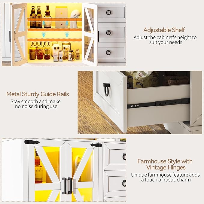 Lvifur LED Farmhouse Sideboard Buffet Cabinet with Storage, Wood Coffee Bar Station Table w/Charging Station, Large Kitchen Storage Cabinet w/Adjustable Shelf and 3 Drawers for Dining Room (White)