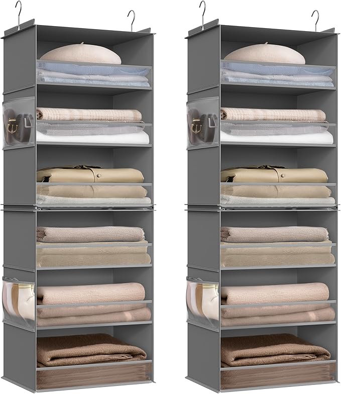 SONGMICS Set of 2 Hanging Closet Organizers, 6-Tier Fabric Storage Shelf, Separable Closet Hanging Shelf with Side Pockets, Foldable, Metal Hooks and Bamboo Inserts, Dove Gray URCH008G01