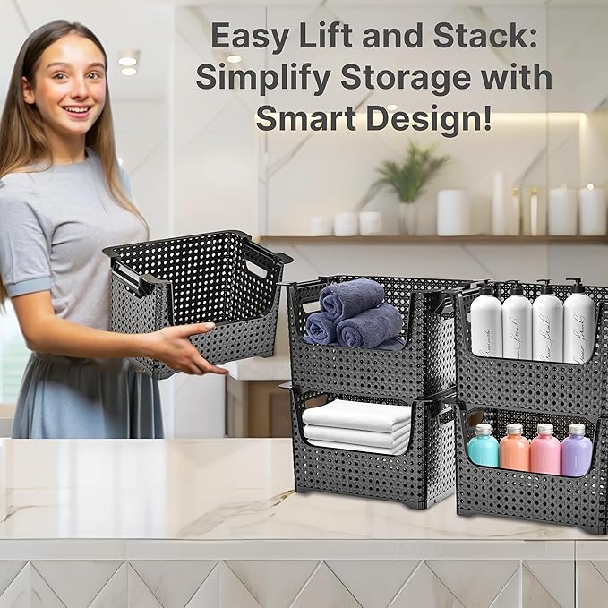Skywin TidyFriend Stackable Storage Bins for Pantry 4 Pack, Stackable Bins For Organizing Food, Kitchen, and Bathroom Essentials (Circle with Handle)(Black)