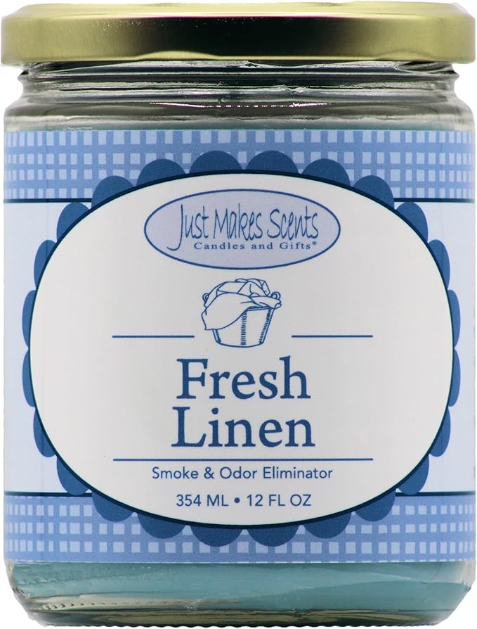 Fresh Linen Scented Smoke and Odor Eliminator Candle - Clean Fresh Scent - Blended Soy Wax by Just Makes Scents (12 oz)
