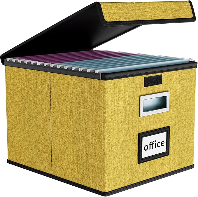 Huolewa File Organizer Box with Lid, Collapsible File Folder Organizer for Office Document Storage, Filing Box with Plastic Slide for Letter Size Hanging Files(1 Pack, Yellow)